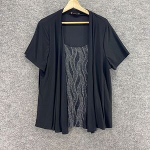 Front Of Closed Top Women 1X Plus Black Metallic Rhinestone Short Sleeve Casual